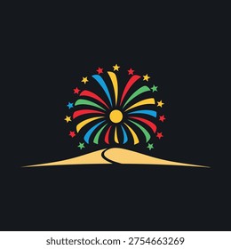 A colorful flat vector illustration of a festive fireworks display exploding with stars over golden desert sand dunes against a dark night background for New Year party design.