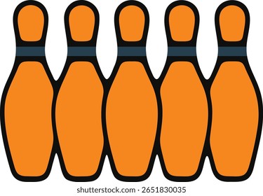 Colorful flat vector illustration of five orange bowling pins aligned in a row. Fun design perfect for sports-themed content, games, apps, and kids activities.
