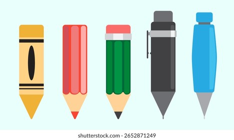A colorful flat vector illustration of five school writing tools: crayon, colored pencil, classic pencil, marker pen, and ballpoint pen.