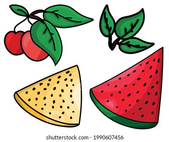 Colorful flat vector illustration, fresh fruits collection: cherries, red watermelon and cantaloupe