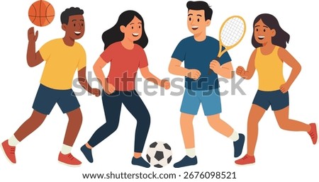 A colorful flat vector illustration of friends playing different sports together, including basketball, soccer, and badminton. Perfect for sports, teamwork, and active lifestyle designs.