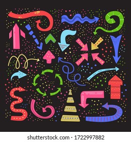 Colorful flat vector illustration. Fully editable set of modern arrows and dots. Hand drawn vector design elements. Doodle illustration isolated on black background. Different shaped arrows collection