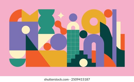 Colorful flat vector illustration of geometric shape assembly forming a playful and balanced composition