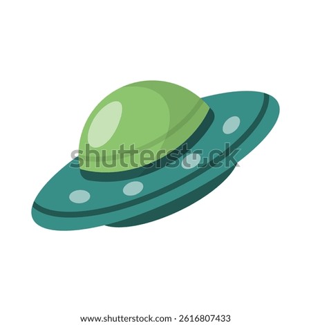 A colorful flat vector illustration of a green and teal UFO flying saucer, ideal for sci-fi, kids' media, and tech themes.