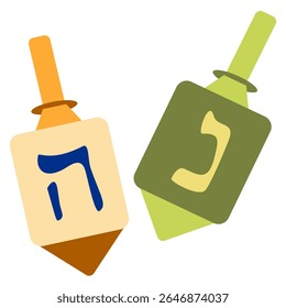 Ilustração de vetor plano colorido de onucá dreidels com letras hebraicas. Tradicionais tops jeans usados no jogo festivo. Perfeito para cartões de férias, projetos educacionais, judeu