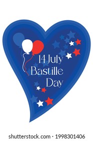 Colorful flat vector illustration of July 14, Bastille Day. Festive heart balloons .Postcard with the Flag of France on an abstract background on July 14, happy Bastille Day.