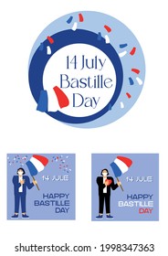 Colorful flat vector illustration of July 14, Bastille Day. Postcard with the flag of France on an abstract background on July 14, happy Bastille Day.a man in a mask with a flag