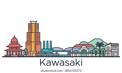 A colorful flat vector illustration of the Kawasaki skyline in Japan, featuring key landmarks, industrial elements, and traditional architecture.