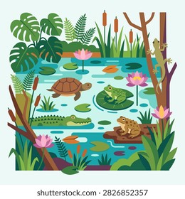 Colorful flat vector illustration of a lush freshwater wetland pond featuring turtles, frogs, an alligator, fish, lily pads, water lilies, cattails, reeds, and tropical foliage. Nature scene representing aquatic ecosystems, freshwater wildlife, biodiversity, wetlands, conservation, and natural habitats.