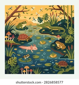 Colorful flat vector illustration of a lush wetland ecosystem featuring frogs, turtles, a snake, salamander, fish, water lilies, mushrooms, and diverse tropical vegetation around a peaceful pond. The detailed nature scene represents wildlife, biodiversity, wetland habitats, ecology, environmental conservation, and natural ecosystems.