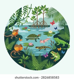 Colorful flat vector illustration of a lush tropical wetland ecosystem enclosed in a circular composition, featuring frogs, turtles, fish, birds, aquatic plants, water lilies, mangroves, and dense tropical foliage. The vibrant nature scene represents biodiversity, wildlife conservation, wetlands, tropical ecosystems, environmental protection, and harmony with nature.