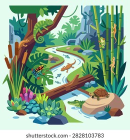 Colorful flat vector illustration of a lush tropical wetland ecosystem featuring a winding stream, bamboo, dense rainforest vegetation, frogs, lizards, turtles, aquatic plants, flowers, rocks, and fallen branches. The vibrant nature scene represents tropical biodiversity, freshwater habitats, rainforest wildlife, wetlands, ecological balance, environmental conservation, and natural ecosystems.