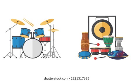 Colorful flat vector illustration of modern drum kit alongside traditional ethnic percussion instruments and a gong.
