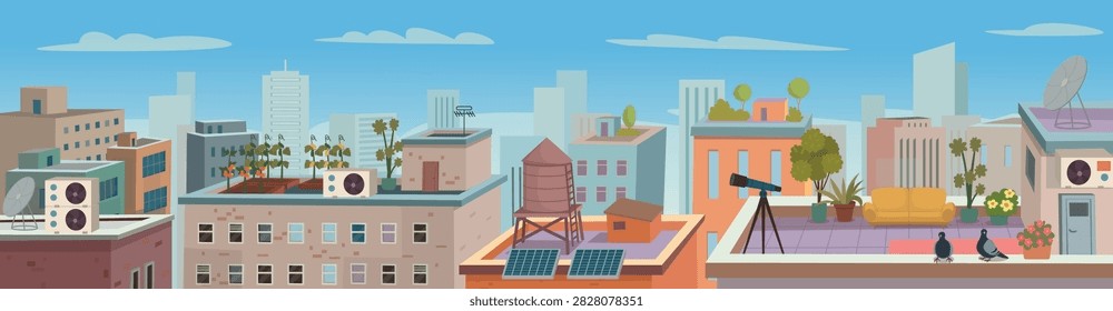 Colorful flat vector illustration of a modern urban rooftop city with rooftop gardens, solar panels, water tower, satellite dishes, pigeons, telescope, plants and outdoor lounge area under a blue sky.