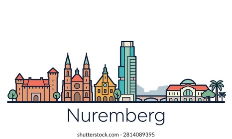 A colorful flat vector illustration of the Nuremberg city skyline featuring historical and modern landmarks on a white background.