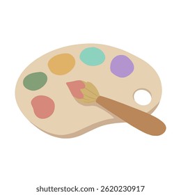 A colorful flat vector illustration of an artist’s paint palette with paint dabs and a brush resting on top. minimalist design with soft, earthy tones in a playful, hand-drawn style.