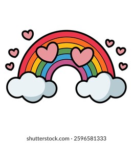 Colorful flat vector illustration of a rainbow with hearts and clouds in a playful doodle style