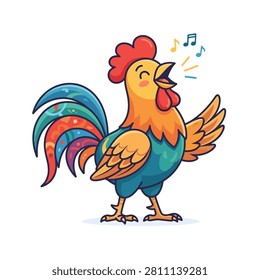 A colorful flat vector illustration of a rooster crowing on a farm.