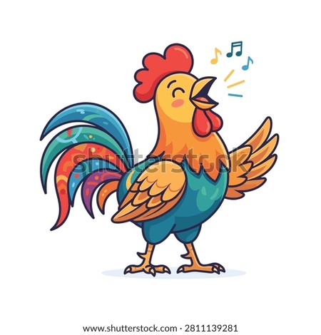 A colorful flat vector illustration of a rooster crowing on a farm.