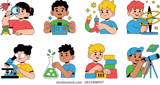 Colorful flat vector illustration set featuring children exploring STEM education through science experiments, robotics, magnetism, astronomy, microscopy, nature observation, engineering, and hands on learning. Ideal for educational resources, school materials, children's books, e-learning platforms, websites, mobile apps, and STEM learning campaigns.