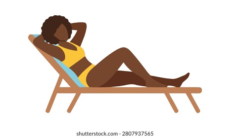Colorful flat vector illustration showing a relaxed woman sunbathing in a beach 