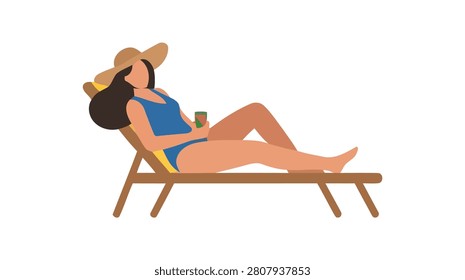 Colorful flat vector illustration showing a relaxed woman wearing a straw hat sunbathing on a striped towel at a beautiful sunny summer tropical beach with blue sky and ocean