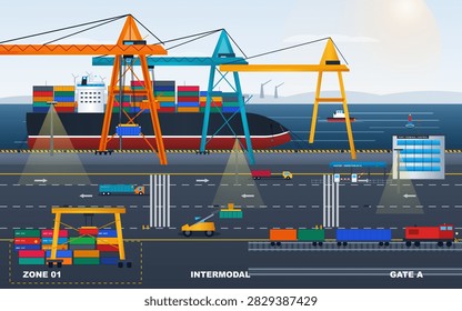 Colorful flat vector illustration showing cranes, stacked containers, cargo ships, trucks, and rail transport at an intermodal port terminal