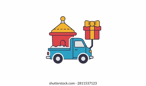 A colorful flat vector illustration of a small blue pickup truck transporting a miniature house and a big red gift box with a yellow bow.
