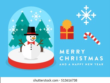 Colorful Flat Vector Illustration Of Snowman In Snow Globe / Collection / Set Of Christmas Objects / Elements