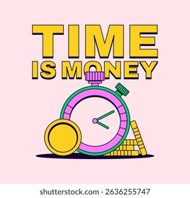 Colorful flat vector illustration of a stopwatch with coins and the phrase “Time is Money.” Represents efficiency, time management, productivity, and business value of time.