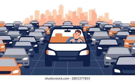 Colorful flat vector illustration of a traffic jam from a driver's interior perspective, surrounded by bumper-to-bumper vehicles