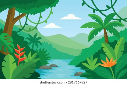A colorful flat vector illustration of a tropical jungle featuring lush green vegetation, palm trees, exotic flowers, and a peaceful river flowing through the landscape