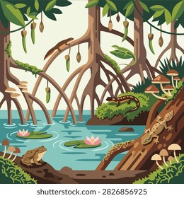 Colorful flat vector illustration of a tropical mangrove wetland ecosystem featuring mangrove roots, shallow water, water lilies, frogs, fish, mushrooms, insects, and lush vegetation. Detailed nature scene representing mangrove habitats, wetlands, freshwater ecosystems, biodiversity, wildlife, ecology, and environmental conservation.