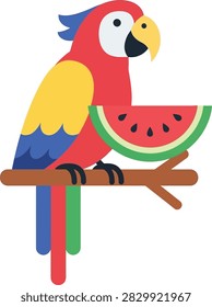 A colorful flat vector illustration of a tropical macaw parrot perched on a branch, holding a slice of fresh watermelon in its beak.