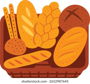 Ilustração vetorial plana colorida de vários tipos de pão em uma cesta de vime, incluindo baguete, rolos semeados, pão trançado e breadsticks. Ideal para marca de padaria, design de menu, embalagem