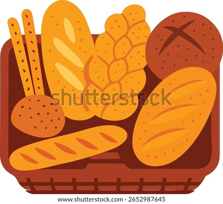 Colorful flat vector illustration of various types of bread in a wicker basket, including baguette, seeded rolls, braided loaf, and breadsticks. Ideal for bakery branding, menu design, packaging
