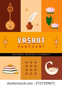 Ilustração vetorial plana colorida de elementos gráficos vasant Panchami. Este conjunto inclui símbolos tradicionais do festival hindu como o instrumento Veena, um cisne branco, flor de lótus, tinteiro com pena e livros empilhados. Perfeito para saudações do Puja Saraswati, cartazes do festival da primavera da Índia, designs educacionais e convites para eventos culturais.