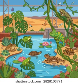 Colorful flat vector illustration of a vibrant tropical wetland ecosystem featuring a pond with frogs, turtles, crocodiles, chameleons, fish, dragonflies, water lilies, tropical plants, vines, and lush vegetation. The detailed nature scene represents biodiversity, freshwater habitats, tropical wildlife, wetlands, ecological balance, environmental conservation, and natural ecosystems.
