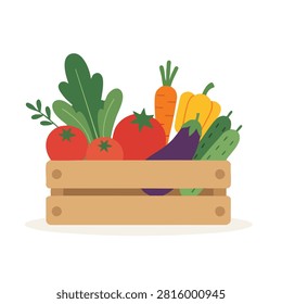 A colorful flat vector illustration of a wooden box filled with fresh harvested vegetables including tomatoes, carrots, peppers, eggplant, and cucumbers.