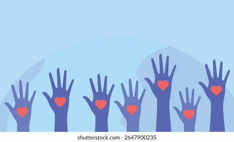 Una colorida Ilustración vectorial plana para el Día Mundial de la Asistencia Humanitaria con múltiples manos levantadas con símbolos de corazón rojo, que simbolizan la compasión, la unidad y el voluntariado.