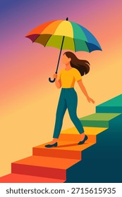 Ilustración vectorial plana colorida de una mujer joven que sube escaleras geométricas mientras sostiene un paraguas del arco iris contra un fondo suave del gradiente. Diseño minimalista moderno, adecuado para carteles, gráficos de Web y Uso editorial.