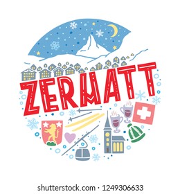 Colorful flat vector illustration of Zermatt. Round winter pattern with the main symbols of Zermatt with isolated elements. Can be used as a sticker, print for t shirts, posters, cards, articles