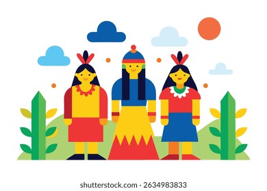 Colorful flat vector of indigenous people in traditional attire celebrating cultural heritage with nature elements and tribal patterns. Clean white background. Perfect for global heritage themes.