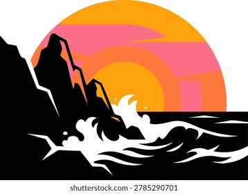 Colorful flat vector landscape illustration of a rocky cliff and crashing ocean waves against a vibrant sunset