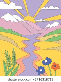 Paisaje de Vector plano colorido con montañas, río sinuoso, salida del sol, nubes y flores. Ilustración pastel brillante de una escena de naturaleza rural pacífica en estilo de dibujos animados modernos.