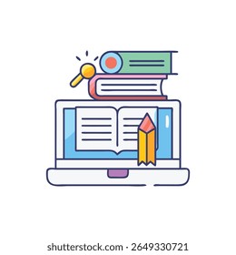 Colorful flat vector of a laptop displaying an open book with a pencil. Books stacked with lightbulb atop. Stylized for modern education.