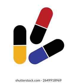 Colorful flat vector of medicine capsules in red, yellow, blue and black.