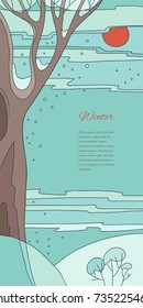 Colorful flat vector natural background. Four seasons. Countryside location at falling snow, frosty snowy winter twilight in the forest and fields. Ground for design of postcard, liner, bookmarks with