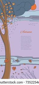 Colorful flat vector natural background. Four seasons. Countryside location at rainy autumn falling leaves in the forest or fields. Ground for design of postcard, liner, bookmarks with space for text