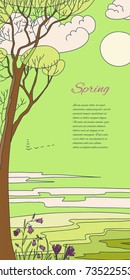 Colorful flat vector natural background. Four seasons. Countryside location at spring fields, pale green young leaves and first flowers. Ground for design of card, liner, bookmarks with space for text